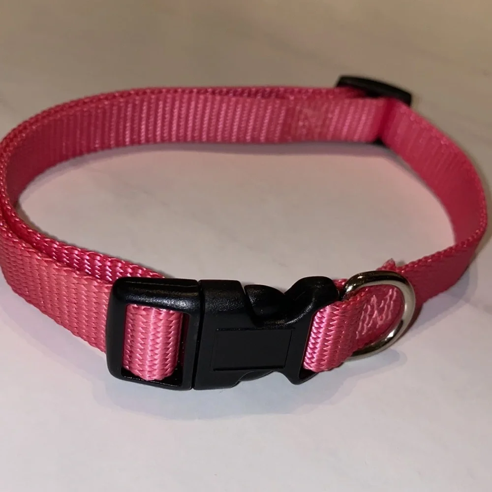 Pink pet collar, adjustable sizing, bright pink, black closure, .5” wide dog cat